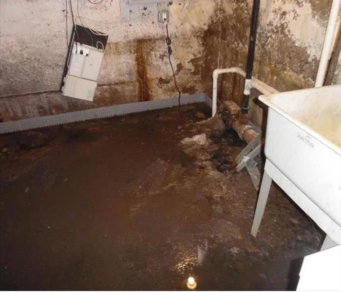 muck and sewage on floor of basement, sump pump in corner